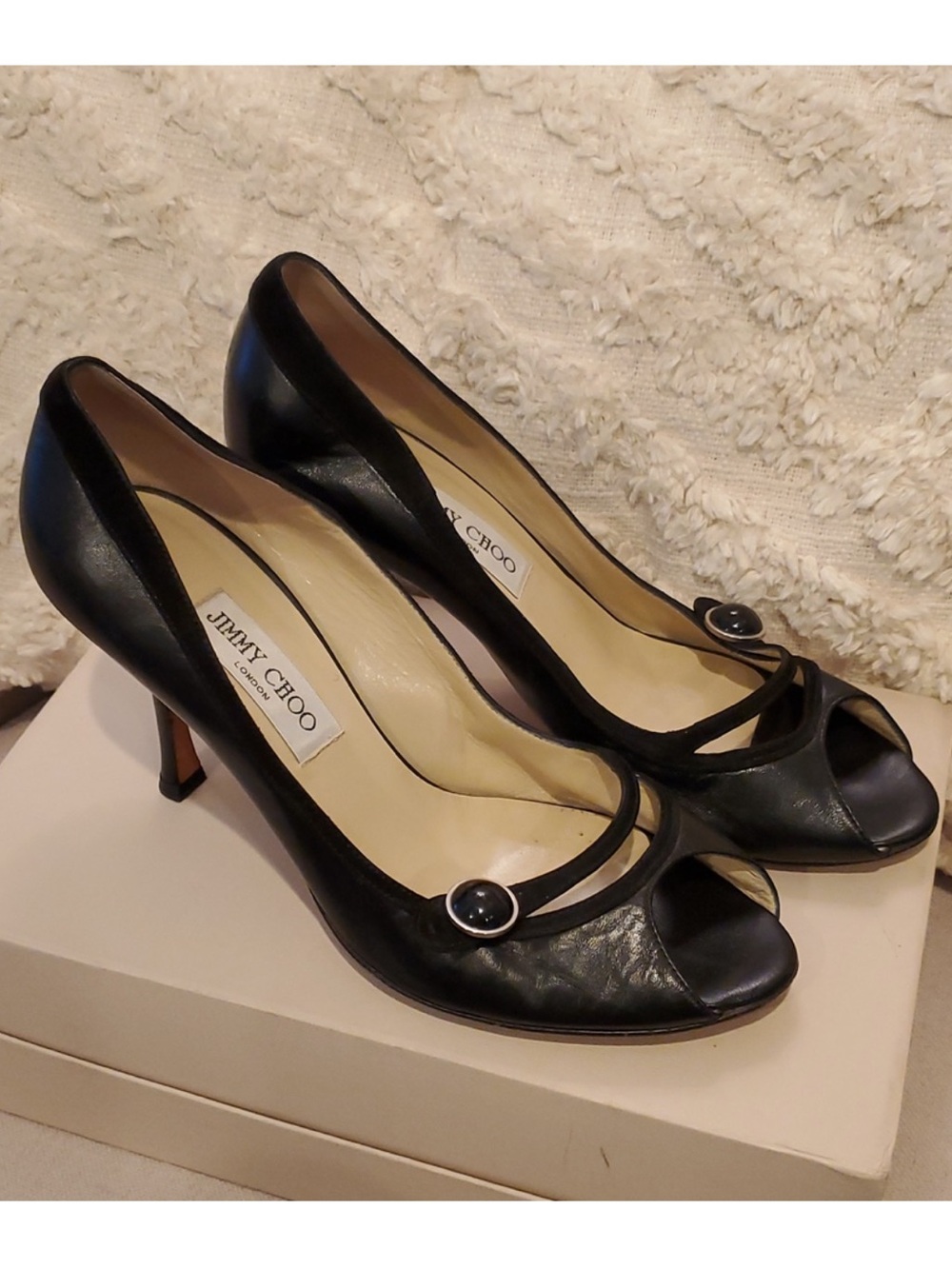Jimmy Choo Black Peep-Toe Leather Pumps with Button Strap